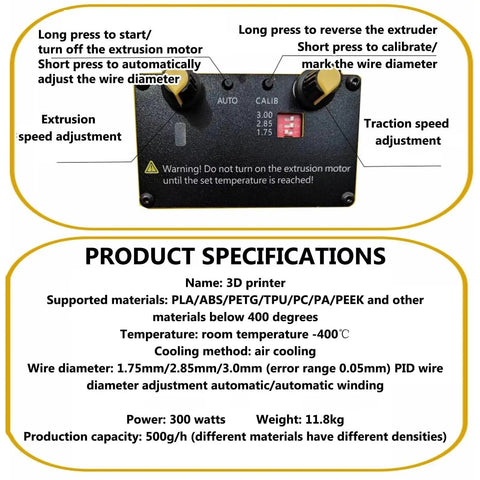 Straight Up High Precision 3D Printer Filament Extruder And Filament Recycler With Auto Coil Winding control panel and specifications