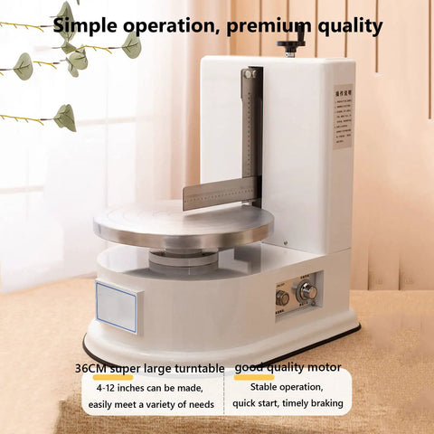 Smooth Operator Automatic Cake Cream Smoothing Machine With Button Press Controls And Custom Thickness Adjustments For Show Stopping Frosting Finishes Lightweight Pink Tool on a table with a stainless steel turntable.