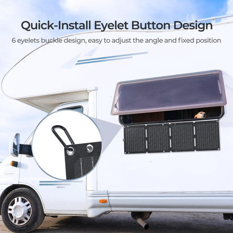 Ultra Light 30W Portable Solar Panel Charger With USB C And USB A Ports mounted on RV using eyelet design