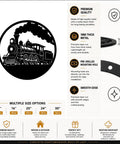 Rustic Steam Locomotive Metal Wall Art Decor For Living Room And Office, showing circular train scene with product features.