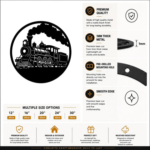 Rustic Steam Locomotive Metal Wall Art Decor For Living Room And Office, showing circular train scene with product features.
