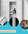 Image of Stainless Steel Shower Niche With Double Shelves And Recessed Install For No Tile Needed Walls 8 Inch By 24 Inch Brushed Nickel Finish featuring seamless welding and waterproof design.