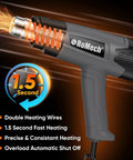 Heavy Duty 1500W Heat Gun Workhorse with double heating wires emitting visible heat, timer showing 1.5 second fast heating