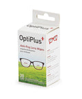 OptiPlus Anti-Fog Lens Wipes box, 30-count, front view with glasses graphic.