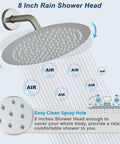 Brushed Nickel Shower System With 8 Inch Round Rain Shower Head shown spraying water, featuring air-infusion technology.