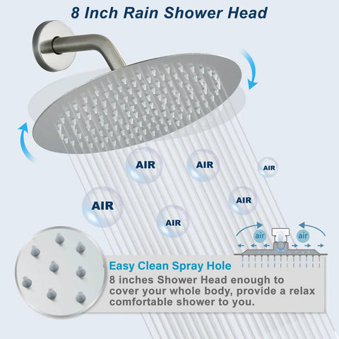 Brushed Nickel Shower System With 8 Inch Round Rain Shower Head shown spraying water, featuring air-infusion technology.
