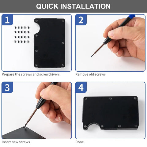 Quick installation guide showing Heavy Duty Replacement Screws Tailored For Ridge Wallets Featuring Hex And T5 Torx Drivers 22 Piece Matte Black Stainless Steel Kit.