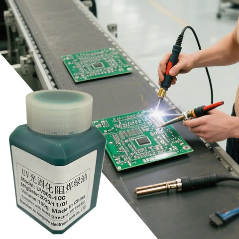 Solder Green Epoxy UV Solder Mask For Circuit Boards, PCB Insulation Masking Ink being applied in electronics assembly.