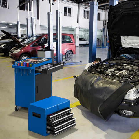 5-Drawer Rolling Tool Chest With Detachable Top Toolbox, Lockable Wheels And Lock Bar in a garage workshop with vehicles