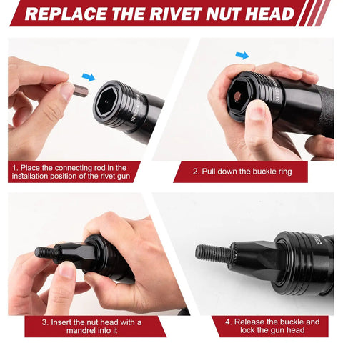 Steps to replace rivet nut head on Pro Grade Heavy Duty Pneumatic Rivet Nut Gun Tool With 1 Quarter 5 Sixteenths 3 Eighths Self Locking Heads