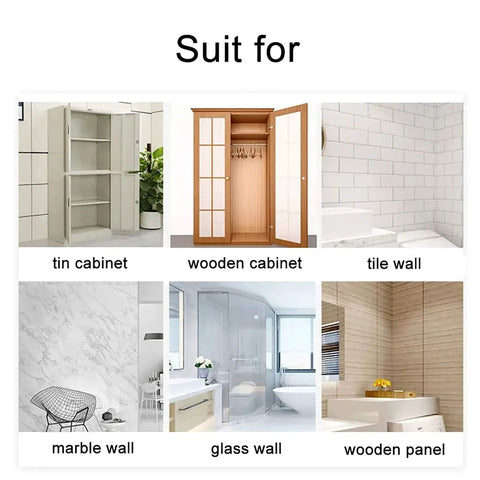 Display of surfaces suitable for Stick On Shelf Clips No Drill Punch Free Self Adhesive Pegs including cabinet and wall options.