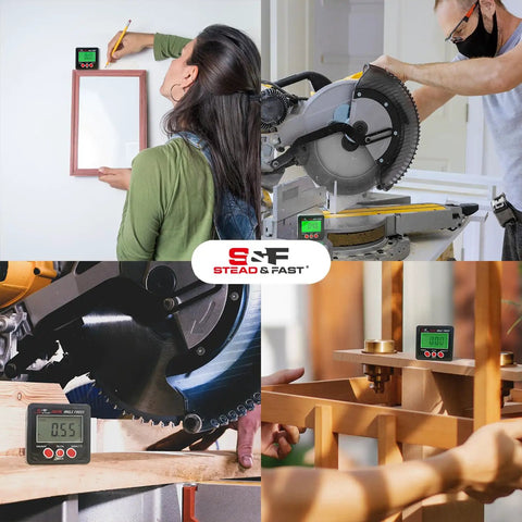 Digital Angle Finder Magnetic With Case And Backlit LCD used for woodworking and construction shown in various settings