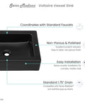 Close-up of 22-Inch Ceramic Rectangle Vessel Sink Matte Black Sick Matte Finish For Above-Counter Install, features listed.