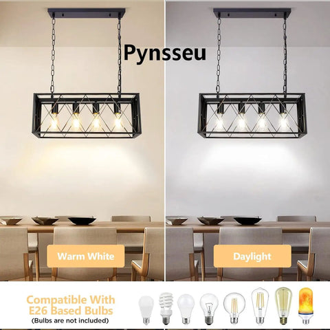 Industrial Heavy Duty Kitchen Island Pendant Light Four Light Rectangular Rustic Vintage Hanging Fixture with warm white and daylight modes