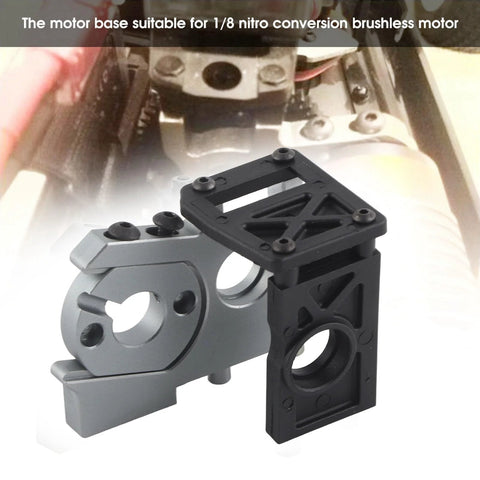 Brushless motor mounting holder for 1/8 RC car, gray aluminum base with circular bore and black frame