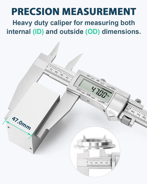 12 Inch Digital Caliper With 4 Inch Jaw Depth Pro Grade Metal Frame Large LCD Screen measuring 47.00mm block
