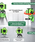 16 Line Laser Level 360 Self Leveling With 4x360 Green Cross Lines 4D Professional Layout Tool on tripod and wall mounts