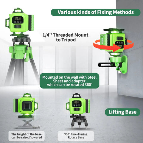 16 Line Laser Level 360 Self Leveling With 4x360 Green Cross Lines 4D Professional Layout Tool on tripod and wall mounts