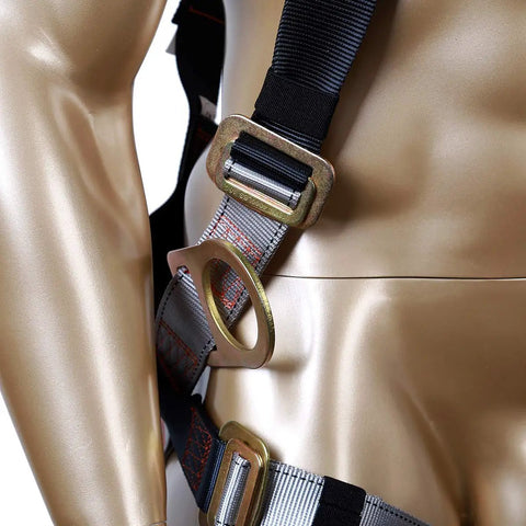 Close-up of Beefy Fall Protection Harness Kit With Three D Rings For Lanyard Multi Purpose Full Body Harness on mannequin