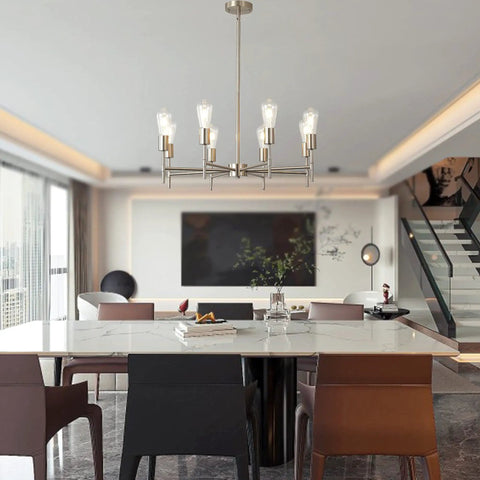 Lit Modern Sputnik Chandelier Light Fixture 6 Light Brushed Brass Pendant Ceiling Light for Dining Room and Living Room