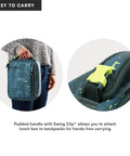 Badass Pixel Camo Soft Sided Cooler Lunch Bag With Two Ice Packs And Six Hours Of Fridge Cold Chill For The Daily Grind Or Weekend Haul, carried by a person with padded handle.