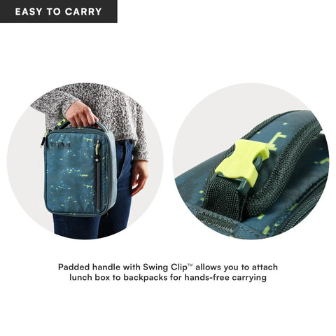 Badass Pixel Camo Soft Sided Cooler Lunch Bag With Two Ice Packs And Six Hours Of Fridge Cold Chill For The Daily Grind Or Weekend Haul, carried by a person with padded handle.