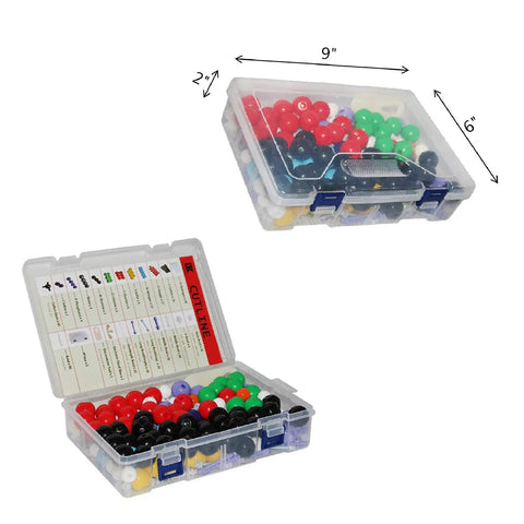 Chemistry Molecular Model Kit For Students And Teachers, 444 Pieces Including 136 Atoms And 158 Bonds, in clear case with lid open and closed.