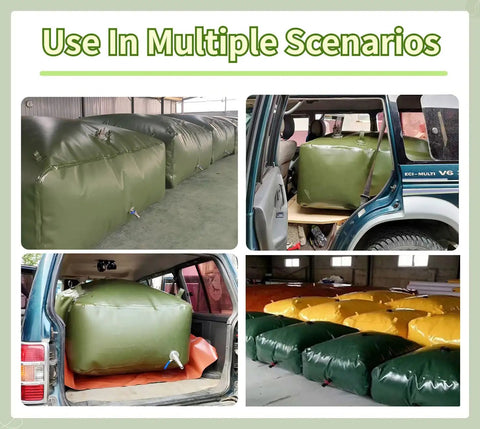 Massive Capacity Water Bladder For Outdoor Adventures, RV And Camping shown in various scenarios, truck bed or indoor use.