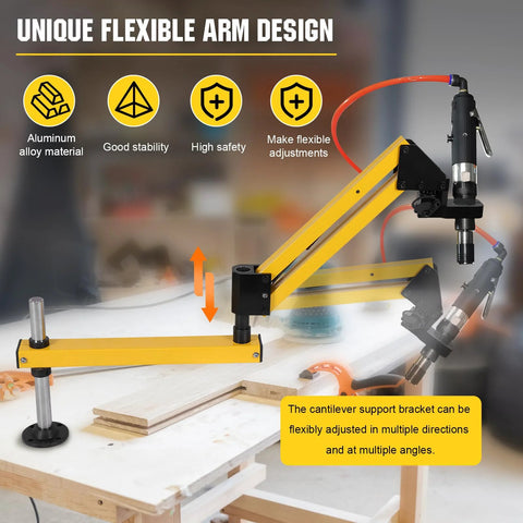 Aluminum Alloy Cantilever Support Frame With 360 Degree Flexible Arm for Pneumatic Tapping Machines on workshop table.