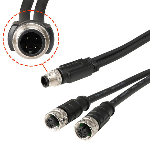 4 Pin A Coded M12 Y Splitter Cable 1 To 2 For Industrial Automation, close-up of male to female connectors, PVC shielded 30cm