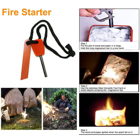 Survival Kit With 6 In 1 Waterproof Case fire starter tool and usage steps for camping hiking travel kit