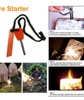 Fire starter tool from Six In One Waterproof Survival Gear Kit For Camping Hiking Travel And Adventures with use instructions.
