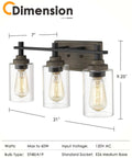 Farmhouse 3 Light Vanity Lighting Fixture In Bronze And Matte Black With Clear Cylinder Glass Over Mirror 21 Inch Bathroom Light Bar