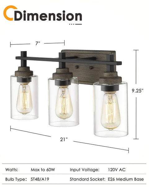 Farmhouse 3 Light Vanity Lighting Fixture In Bronze And Matte Black With Clear Cylinder Glass Over Mirror 21 Inch Bathroom Light Bar