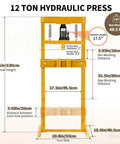 12 Ton Heavy Duty H Frame Hydraulic Shop Press Solid Steel Garage Workhorse dimensions with height and weight details in yellow.