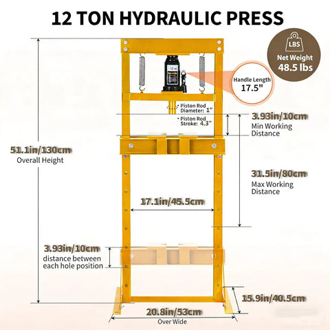 12 Ton Heavy Duty H Frame Hydraulic Shop Press Solid Steel Garage Workhorse dimensions with height and weight details in yellow.