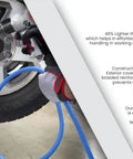 Lightweight Yet Durable Rubber Air Hose Three Eighths Inch By Fifty Feet, 300 PSI, 100 Percent Rubber, shown with vehicle tire.