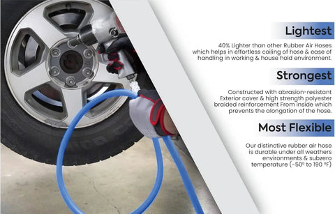 Lightweight Yet Durable Rubber Air Hose Three Eighths Inch By Fifty Feet, 300 PSI, 100 Percent Rubber, shown with vehicle tire.