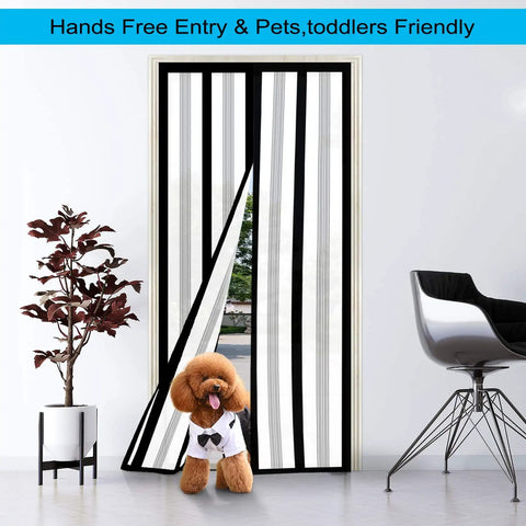Magnetic Insulated Door Curtain With Hands Free Self Closing Privacy Screen For Year Round Comfort in doorway with dog