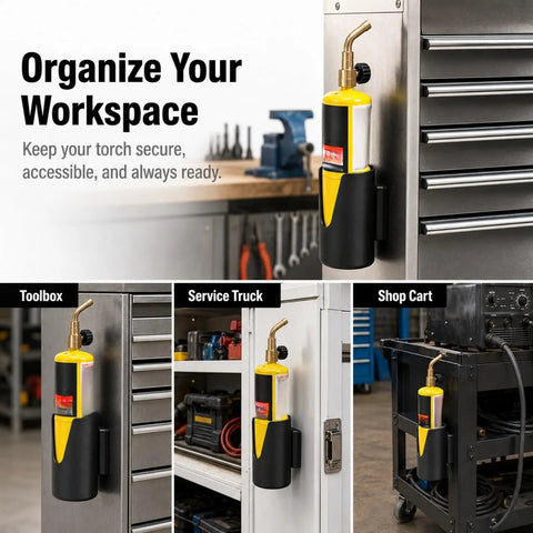 Solid Magnetic Welding Torch Holder That Clamps Securely To Any Metal Surface For Super Easy Bernzomatic MAP-Pro Access And Safe Storage With High Power Industrial Magnets mounted on toolbox and service truck.