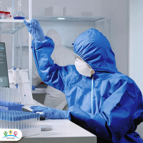 Person in blue disposable coveralls with hood in large size tri laminated SMS polypropylene work suit in laboratory setting