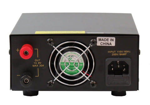 Back view of 30 Amp 13.8 Volt DC Power Supply For Ham And CB Radios With Analog Display High Current Output Fused Design Noise Offset Technology Stable Bench Power Adapter With One Year USA Warranty