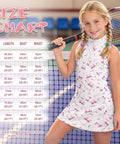 Girl in Pink Girls Athletic Dress With UPF 50 Plus Sun Shield, Matching Hat, Two Side Pockets, Bow Accent, Sleeveless Golf And Tennis Gear For Lessons, Ages 4 To 5, Easy Move Comfort, holding tennis racket in front of size chart.