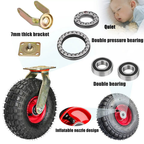 Two Pack Heavy Duty Swivel Caster Wheels Featuring Quiet Solid Rubber Tires Double Precision Bearings close-up with 7mm thick bracket.
