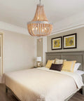 Six Light Farmhouse Boho Wood Bead Chandelier Modern Natural Wooden Beaded Pendant Light Fixture in elegant bedroom setting