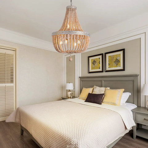 Six Light Farmhouse Boho Wood Bead Chandelier Modern Natural Wooden Beaded Pendant Light Fixture in elegant bedroom setting