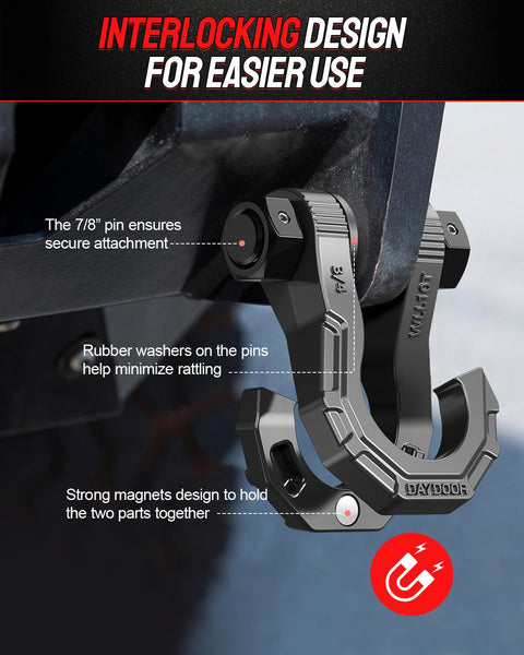 Interlocking design of Beefy Heavy Duty D Ring Shackles Two Pack With Seven Eighths Inch Pin Forty Five Thousand Pound Break Strength shown.