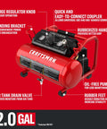 Two Gallon Portable Air Compressor With One Third HP Max, 125 PSI Oil Free, Lightweight And Ready For DIY Projects, Home Shop And Auto Jobs, Includes Ten Piece Accessory Kit For Quick Inflation And Tire Care