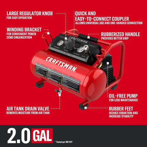 Two Gallon Portable Air Compressor With One Third HP Max, 125 PSI Oil Free, Lightweight And Ready For DIY Projects, Home Shop And Auto Jobs, Includes Ten Piece Accessory Kit For Quick Inflation And Tire Care