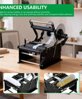 Wultek Precision Bottle Labeling Machine With Handle Flexible Capacity For Various Shapes Quick Adjustable Clamps Non Electric User Friendly Setup Smooth Operation High Speed Labeling For Small Business Projects And Craft Production Lines Easy To Use on a wooden table with labels ready for bottles.
